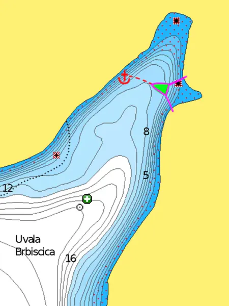 Chart of Brbišćica bay with Filip's drawing: the anchor on one side of the narrow inlet, and the boat near the other shore with lines to the rocks